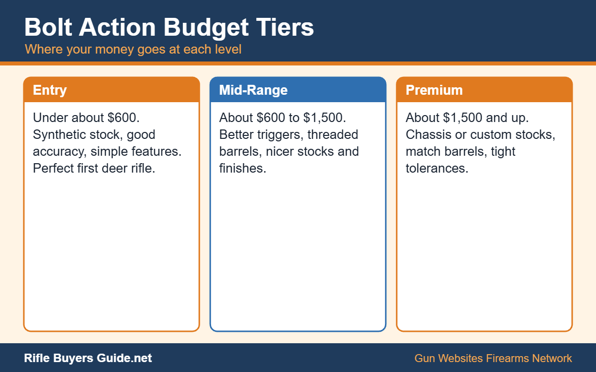 Bolt action rifle budget tiers from entry level to premium