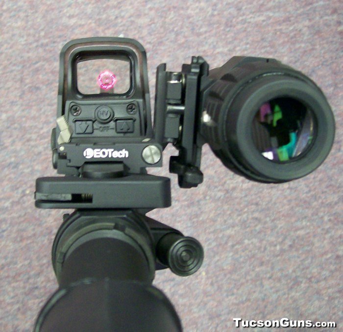 Holographic sight paired with a magnifier