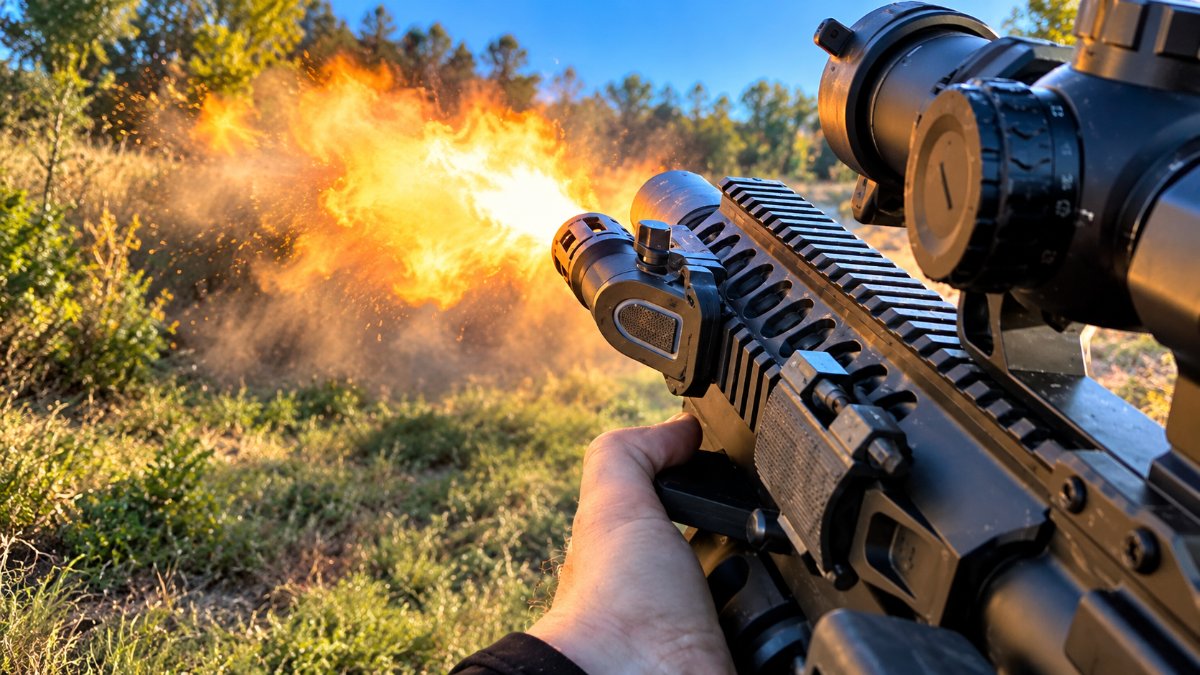 Rifle firing at golden hour with a bright muzzle flash
