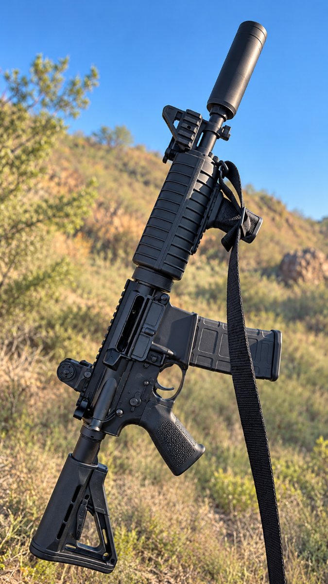 Rifle with sling against desert hills
