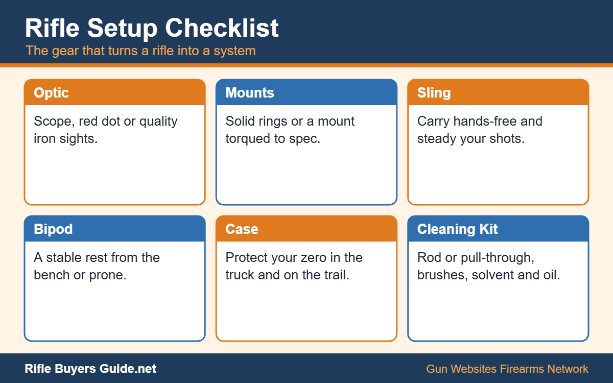 Rifle setup checklist: optic, mounts, sling, bipod, case and cleaning kit