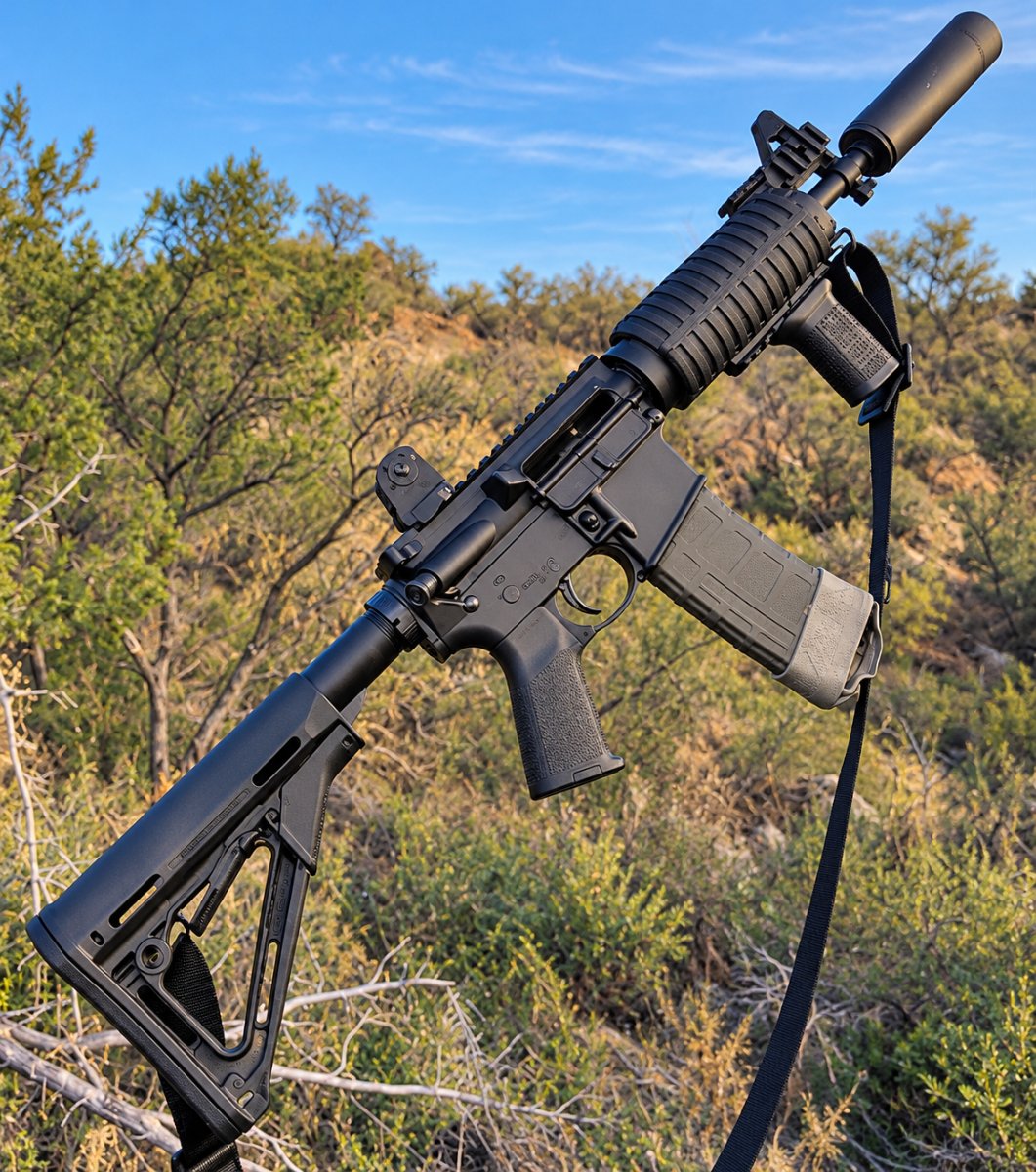 Modern sporting rifle with a sling resting in desert brush