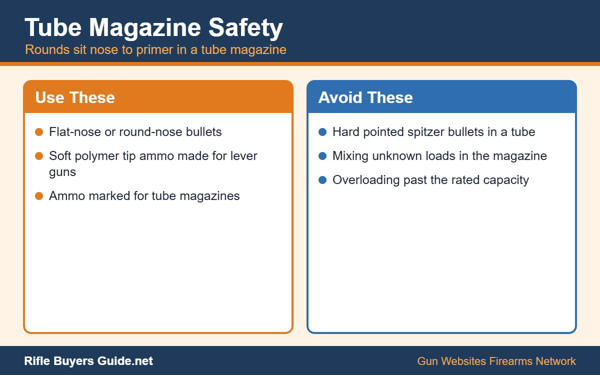 Tube magazine safety: use flat or soft tip bullets in lever guns